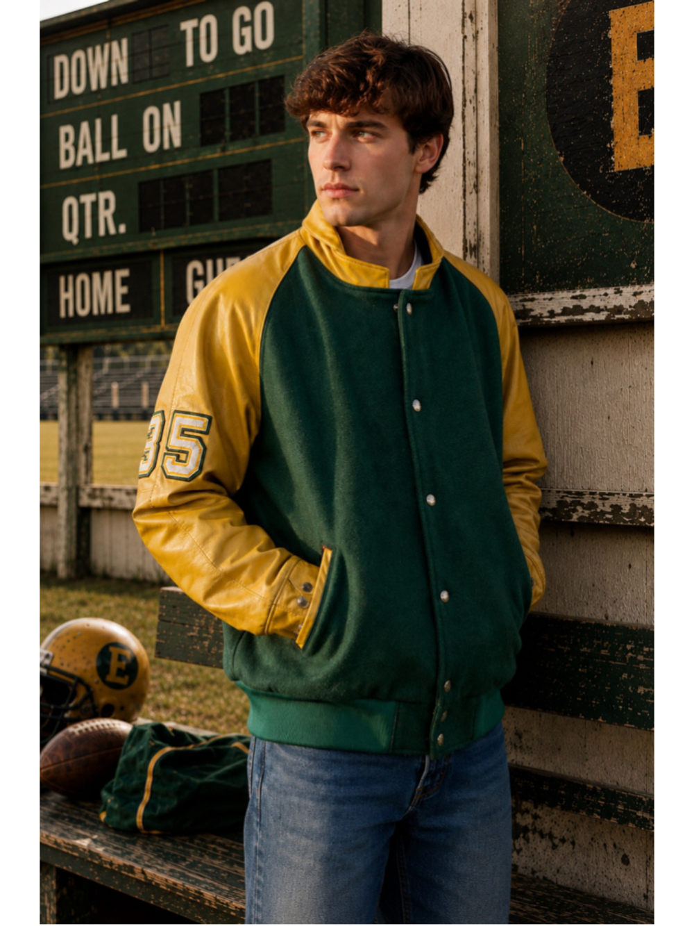 VTG Varsity Jacket Men XLT Marv Holland Leather 35 Football Green Gold Edmonton
